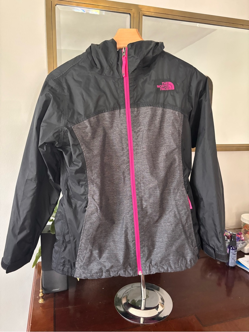 The North Face Kids Black & Gray Rain Jacket with Pink Zipper